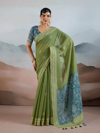 Bandhej Printed Viscose Cotton Saree in Light Green