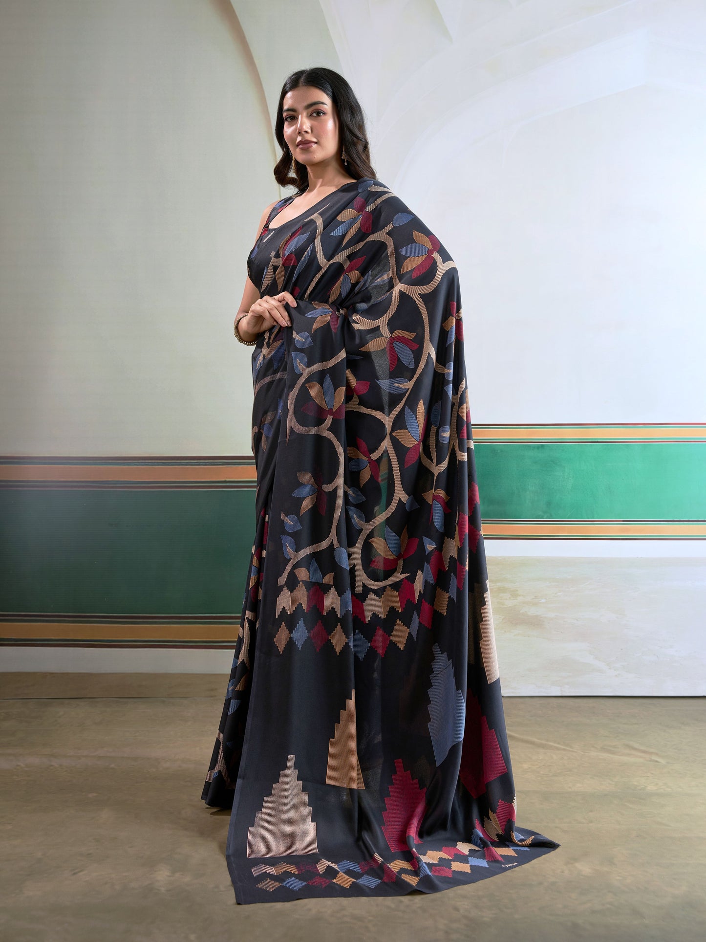Digital Printed Satin Saree in Black