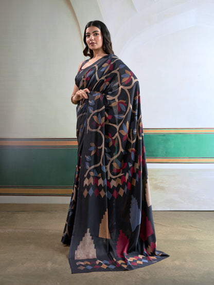 Digital Printed Satin Saree in Black