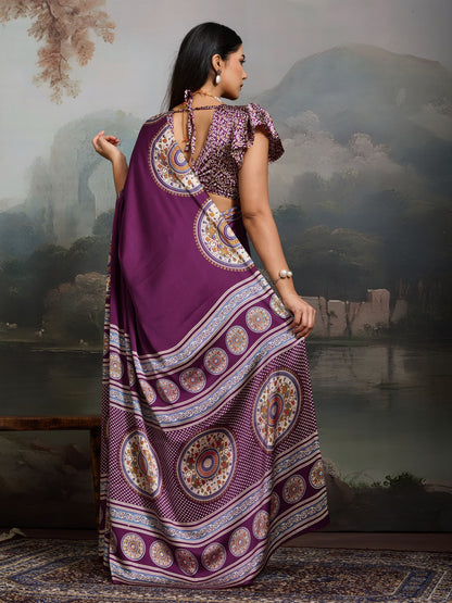 Digital Printed Satin Saree in Purple