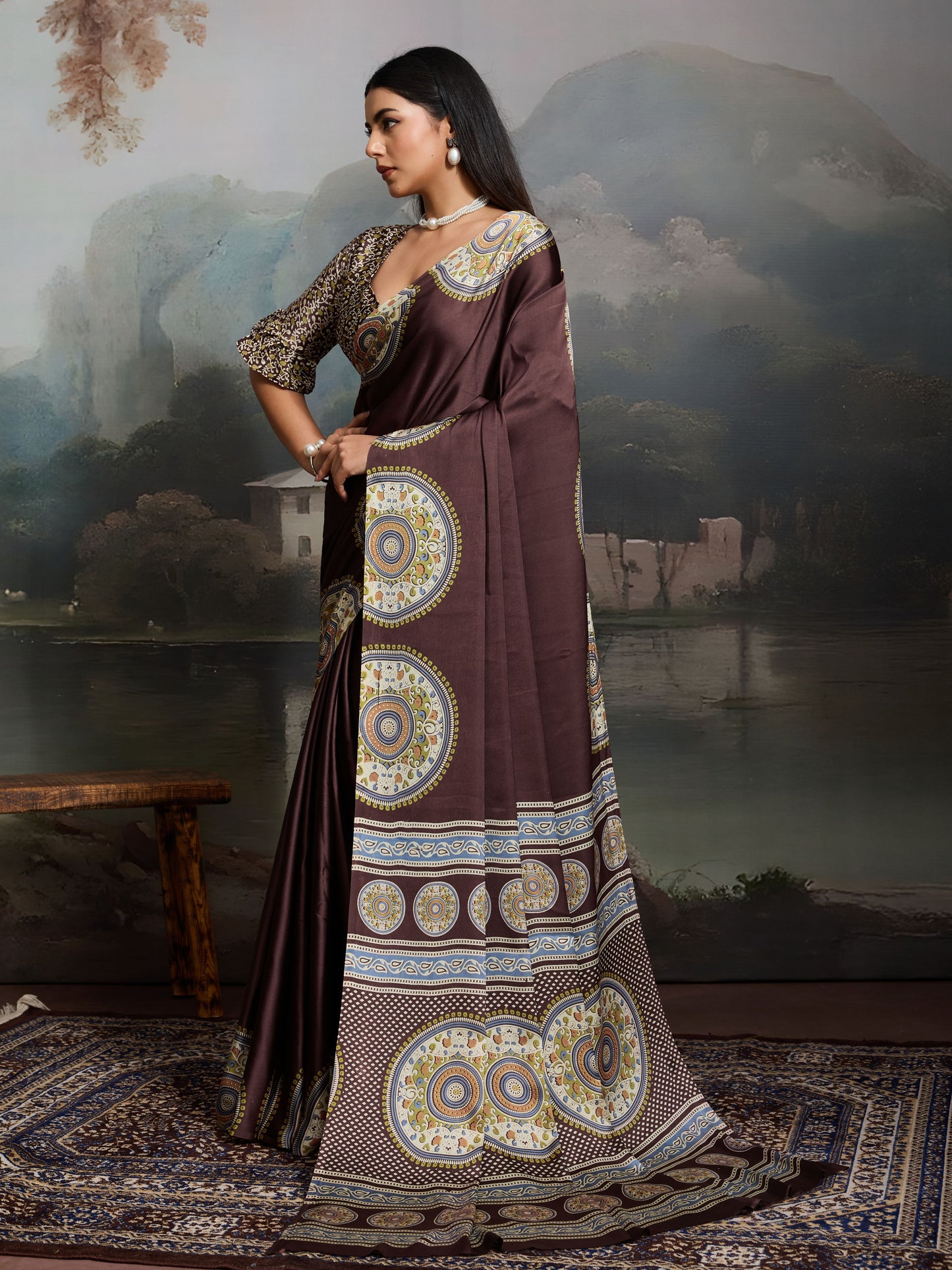 Digital Printed Satin Saree in Brown