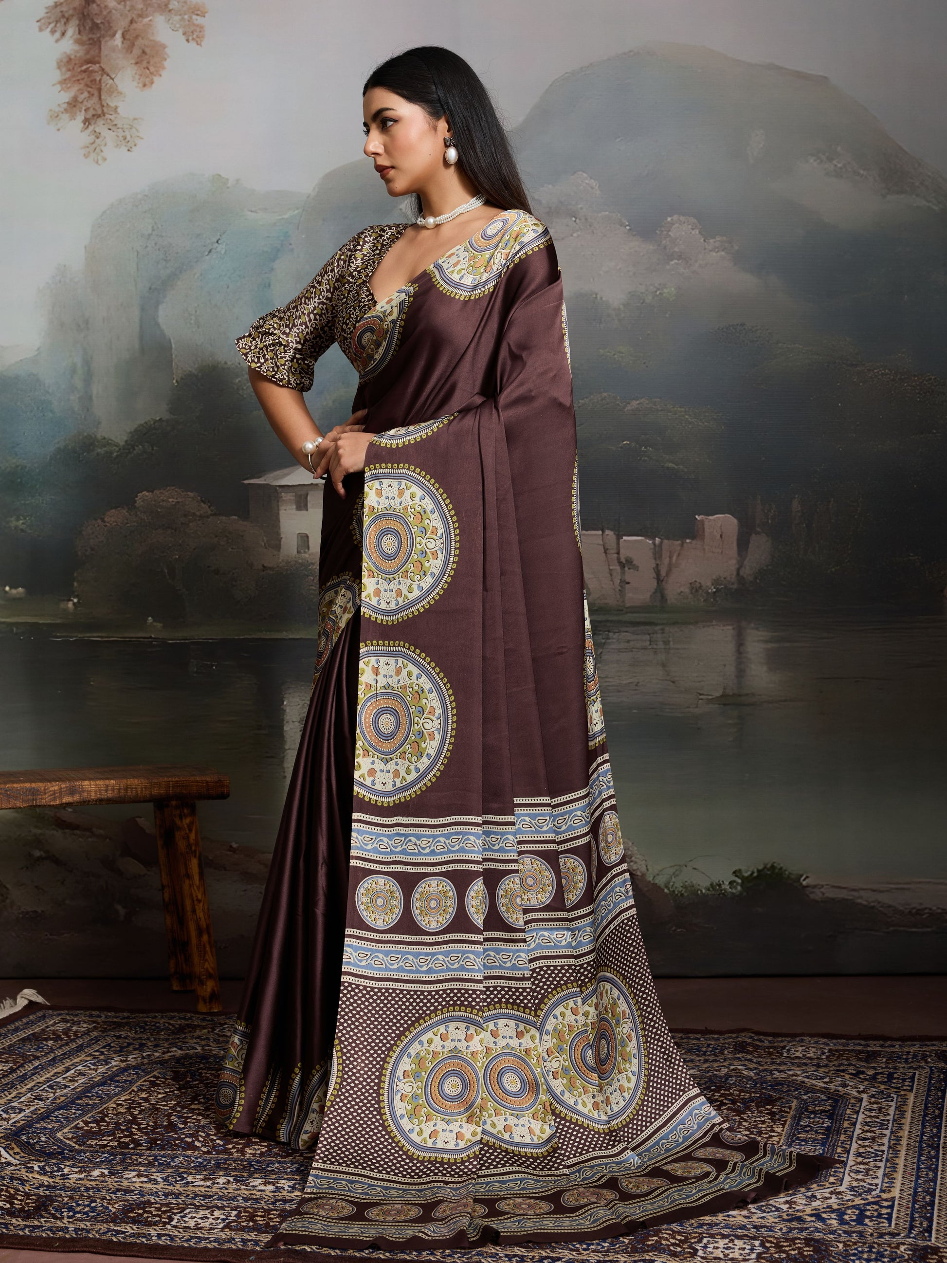 Digital Printed Satin Saree in Brown
