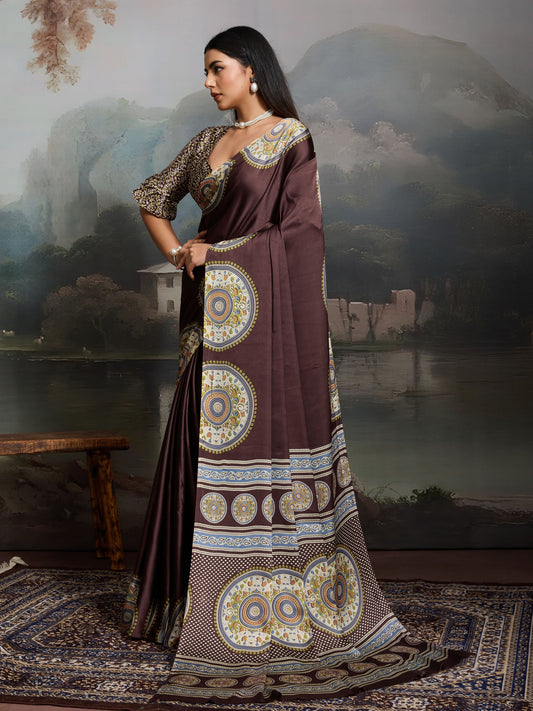 Digital Printed Satin Saree in Brown