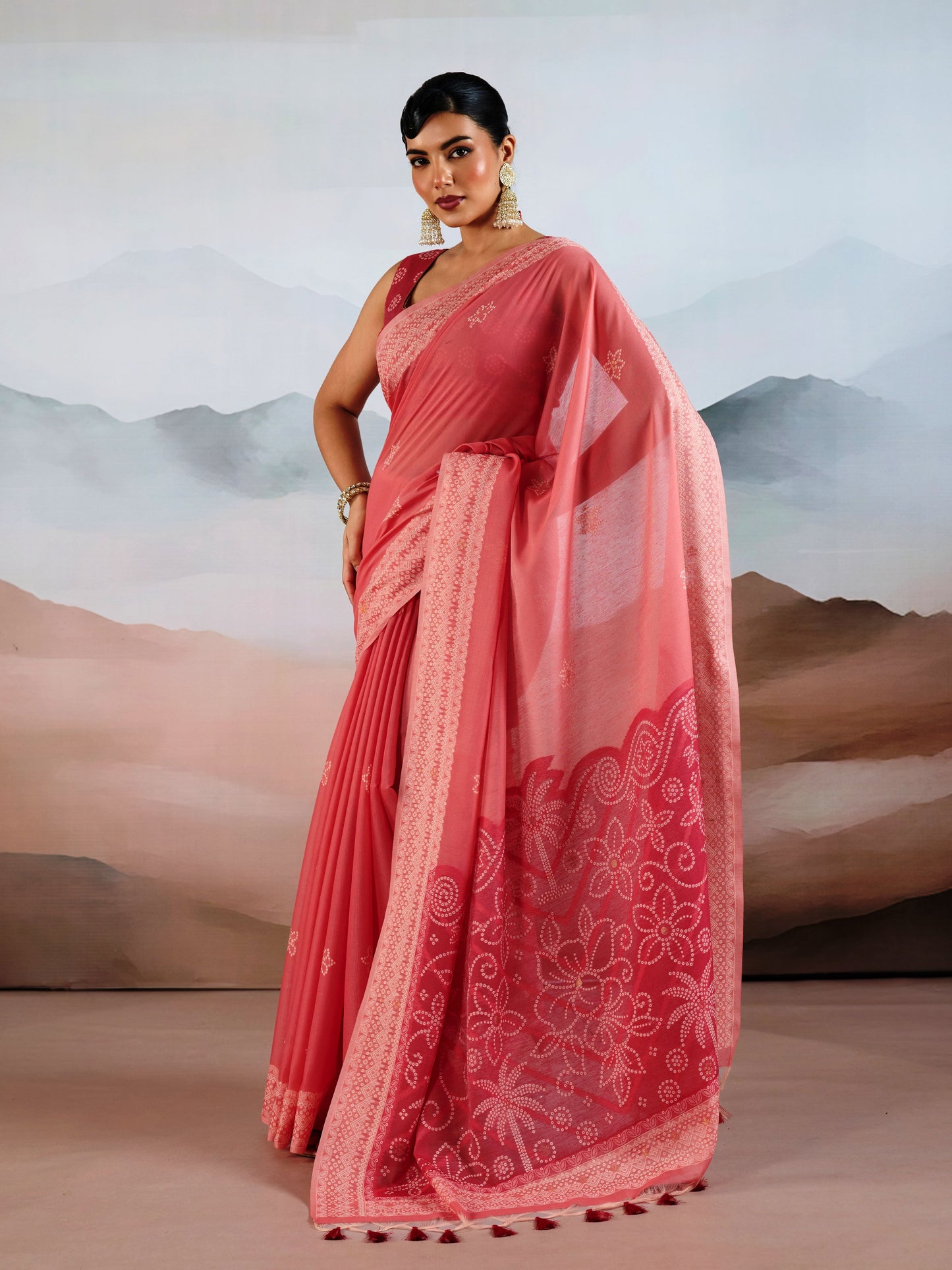Bandhej Printed Viscose Cotton Saree in Coral Pink