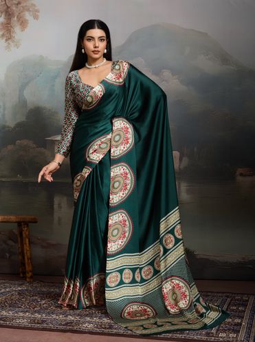 Digital Printed Satin Saree in Dark Green