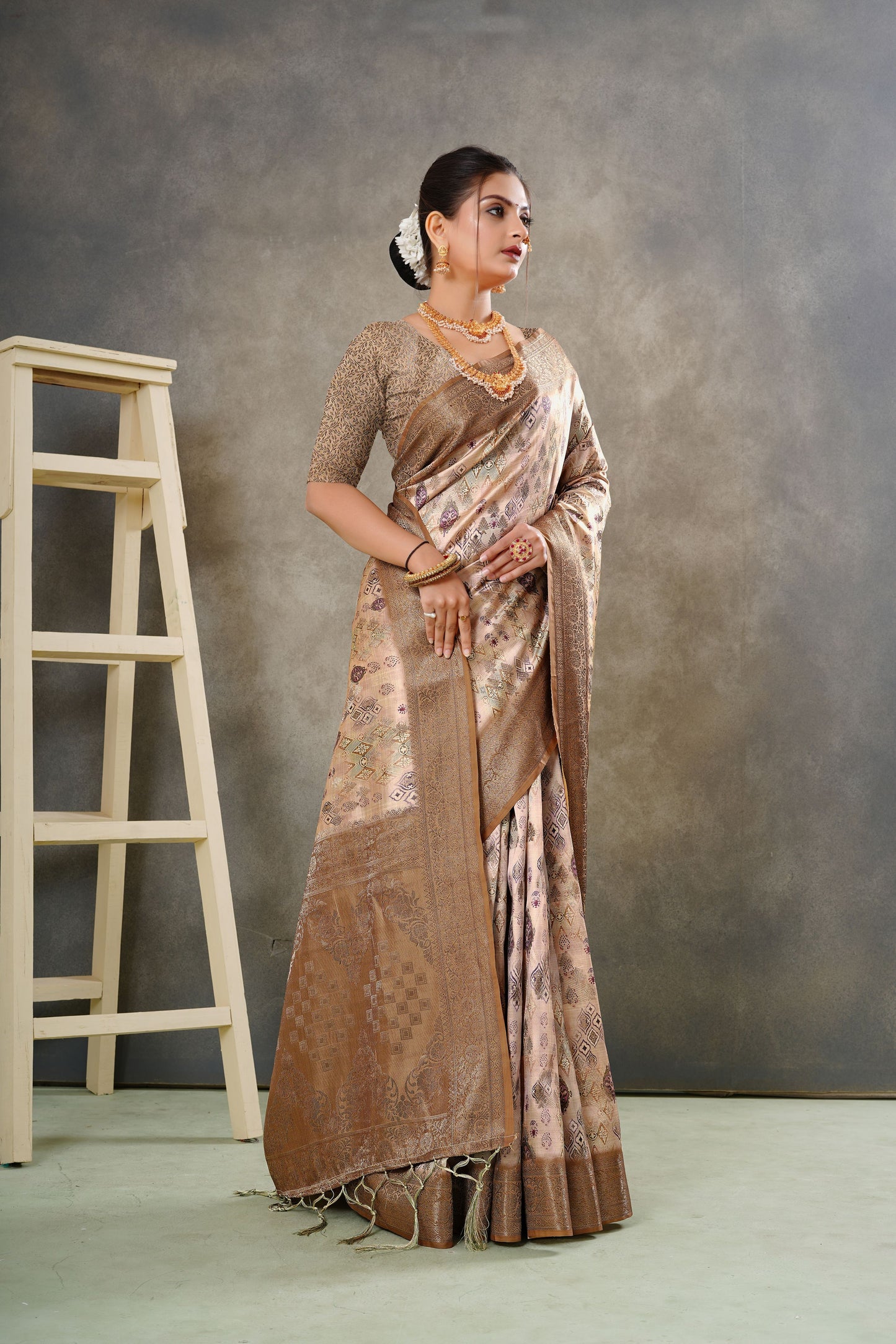 Woven Georgette Silk Saree in Beige
