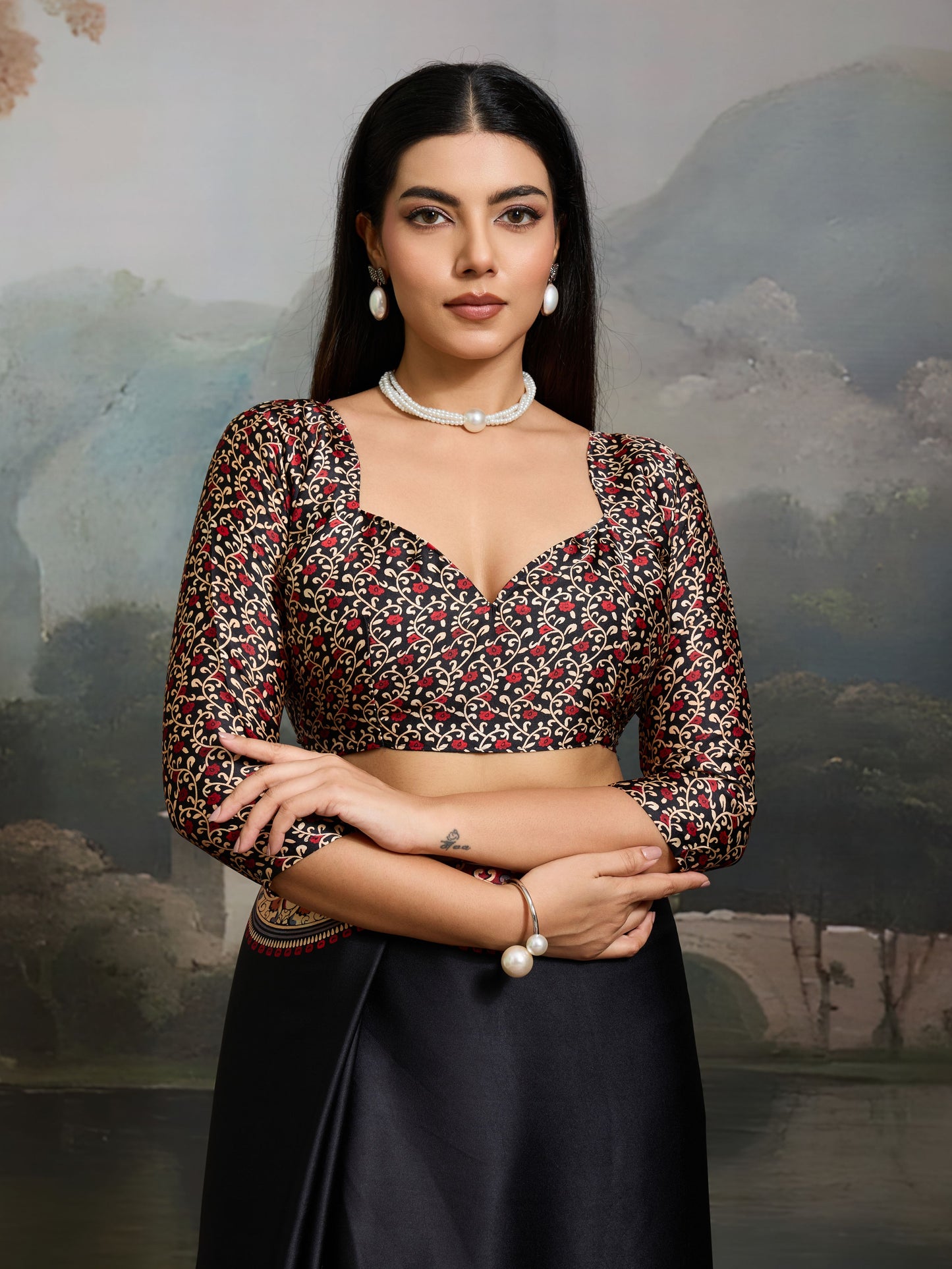 Digital Printed Satin Saree in Black