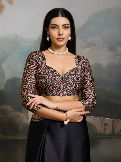 Digital Printed Satin Saree in Black