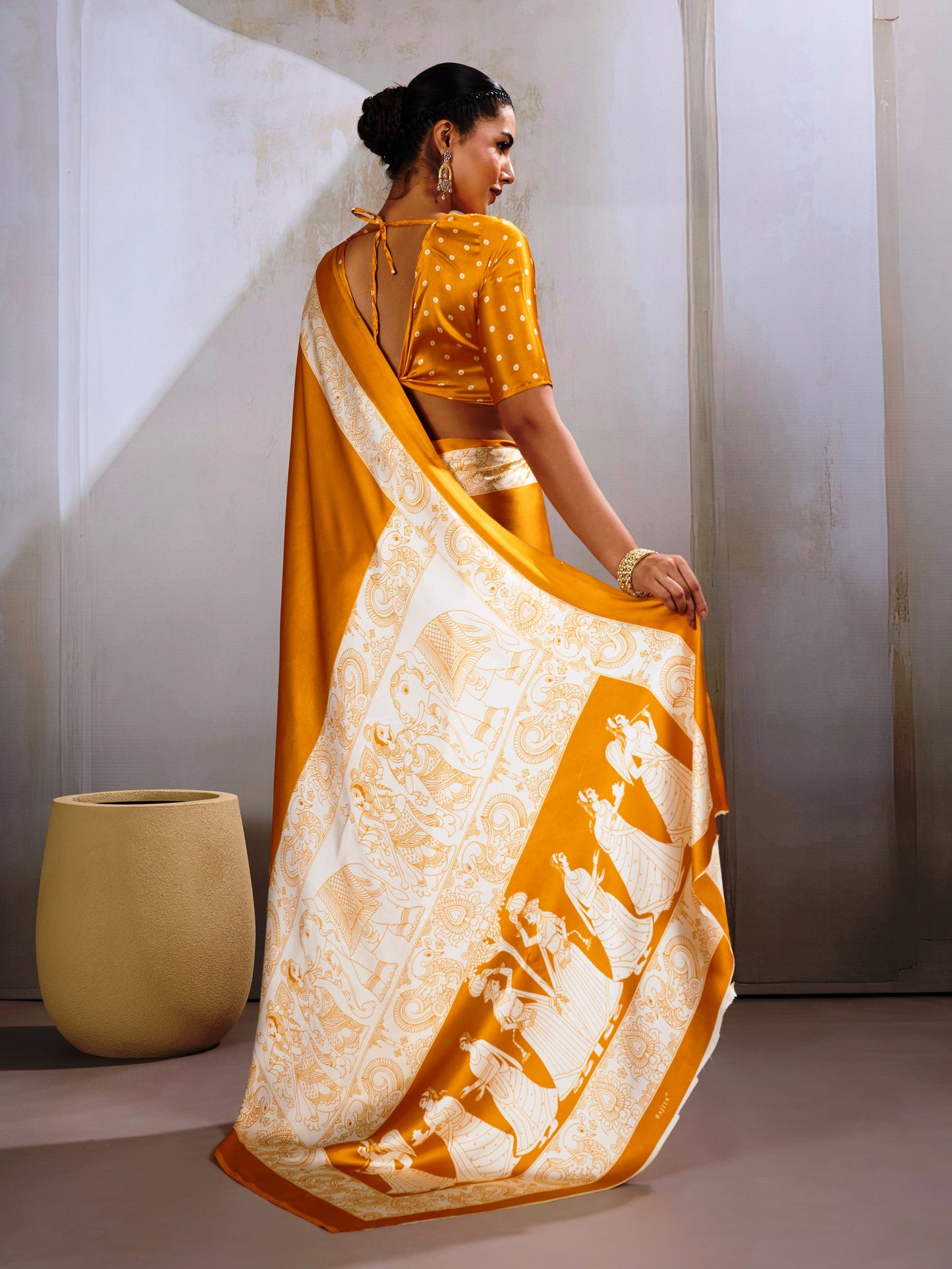 Digital Printed Satin Saree in Mustard