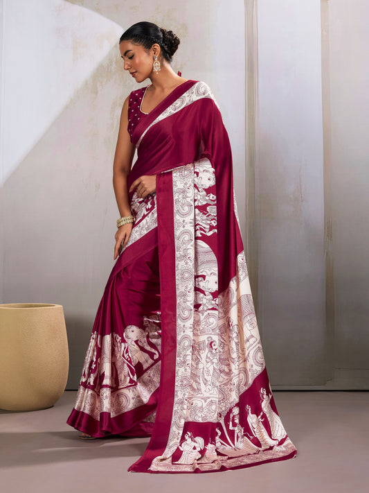 Digital Printed Satin Saree in Maroon