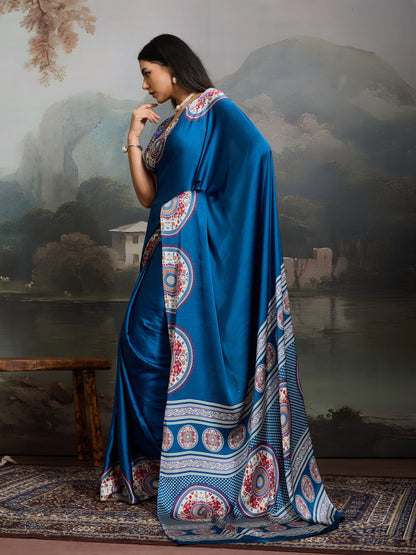Digital Printed Satin Saree in Blue