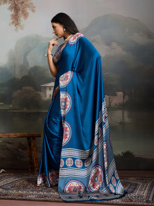 Digital Printed Satin Saree in Blue