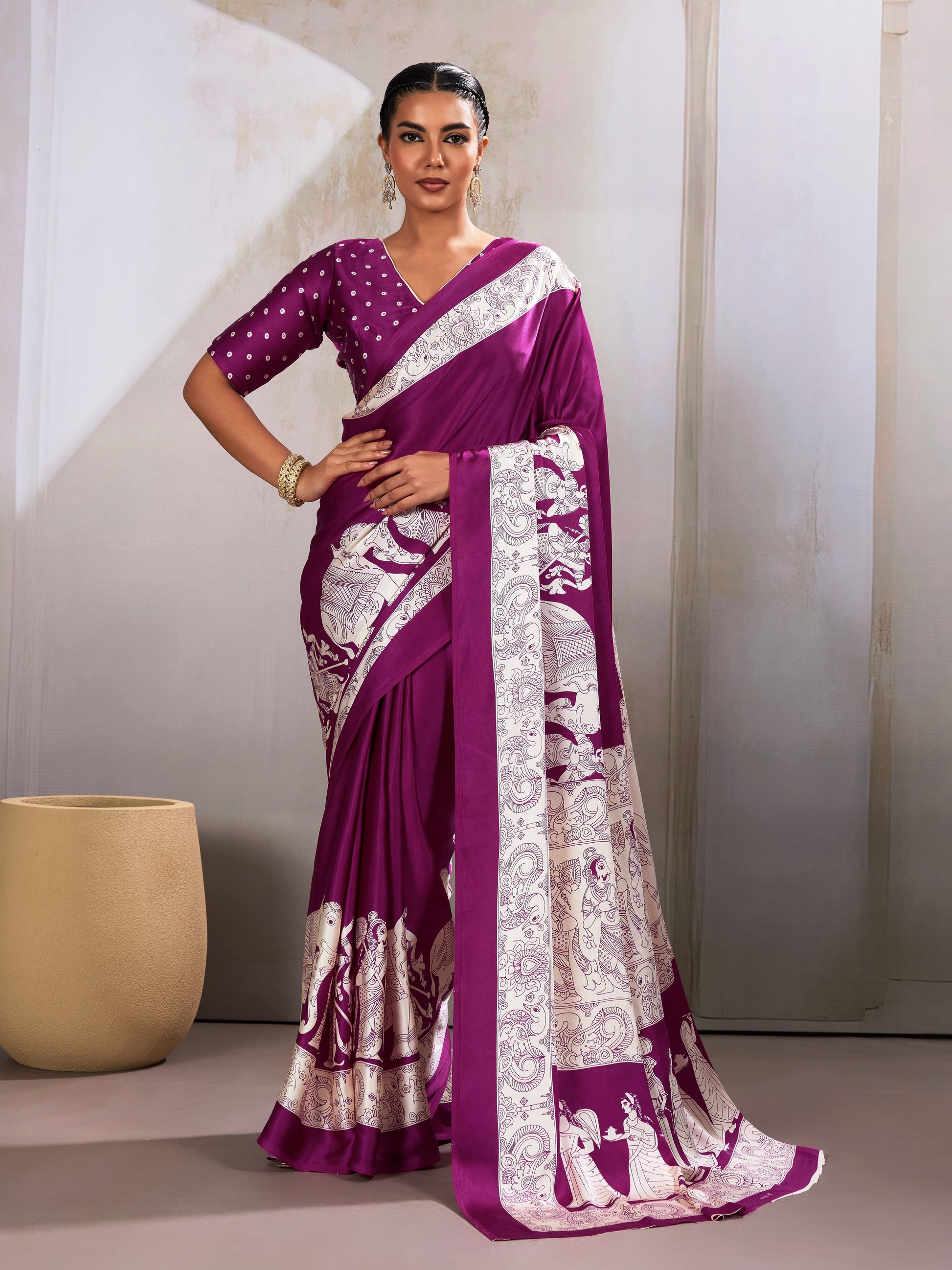 Digital Printed Satin Saree in Magenta