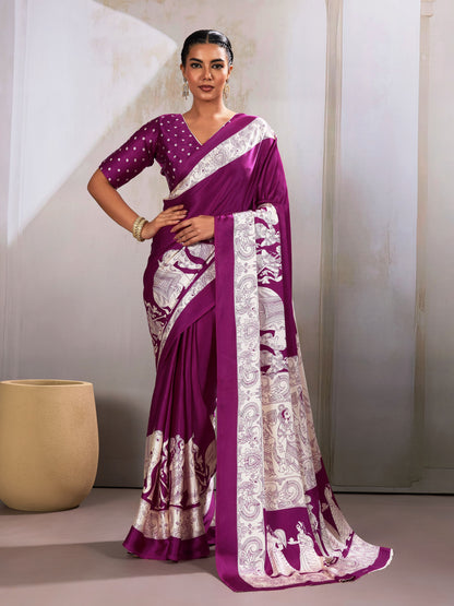 Digital Printed Satin Saree in Magenta