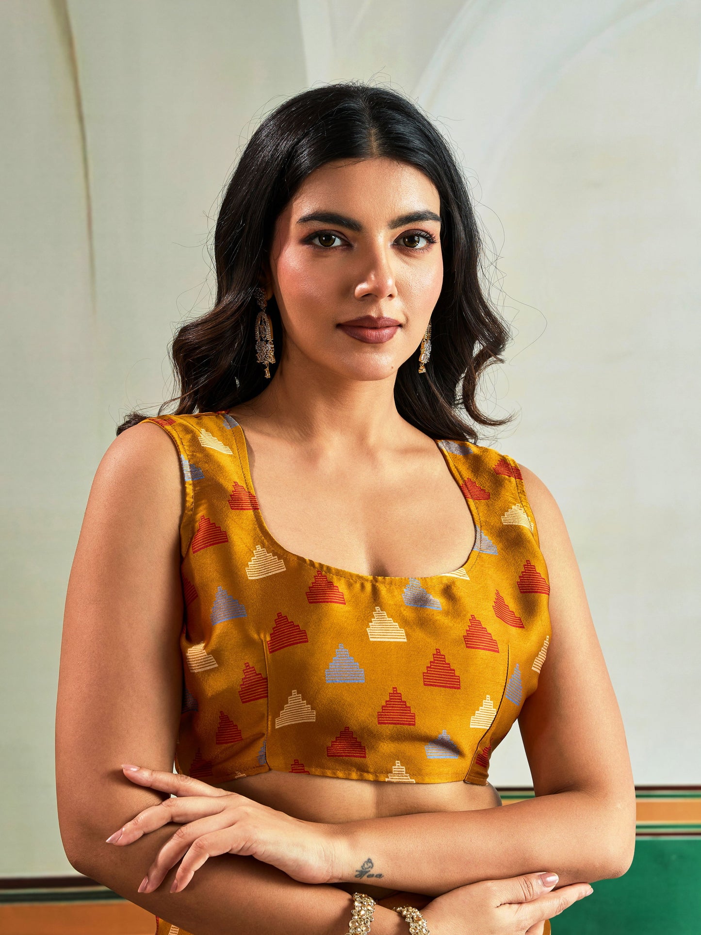 Digital Printed Satin Saree in Mustard