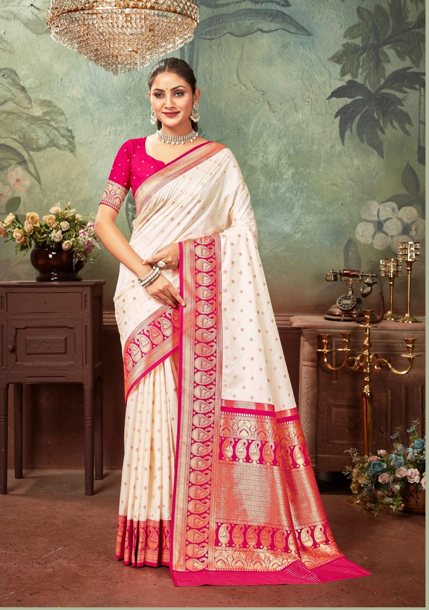 Woven Art Silk Saree in Off White