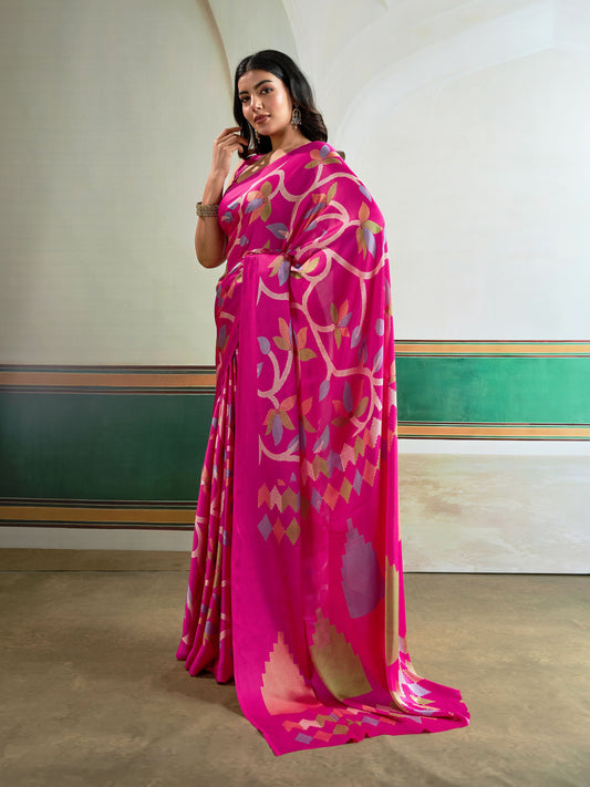 Digital Printed Satin Saree in Purple