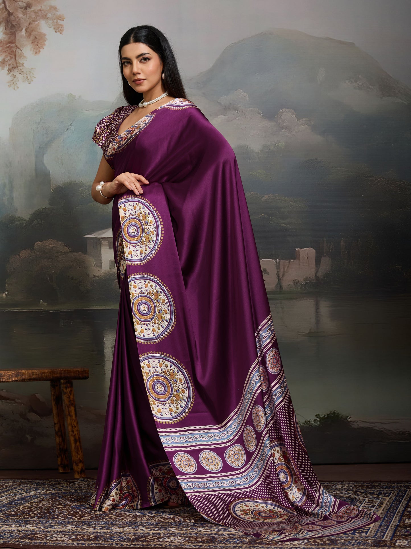 Digital Printed Satin Saree in Purple
