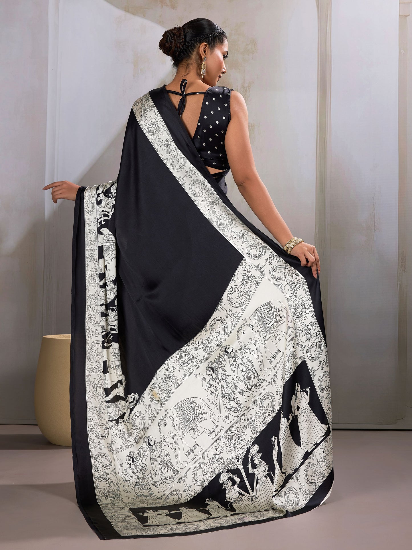 Digital Printed Satin Saree in Black