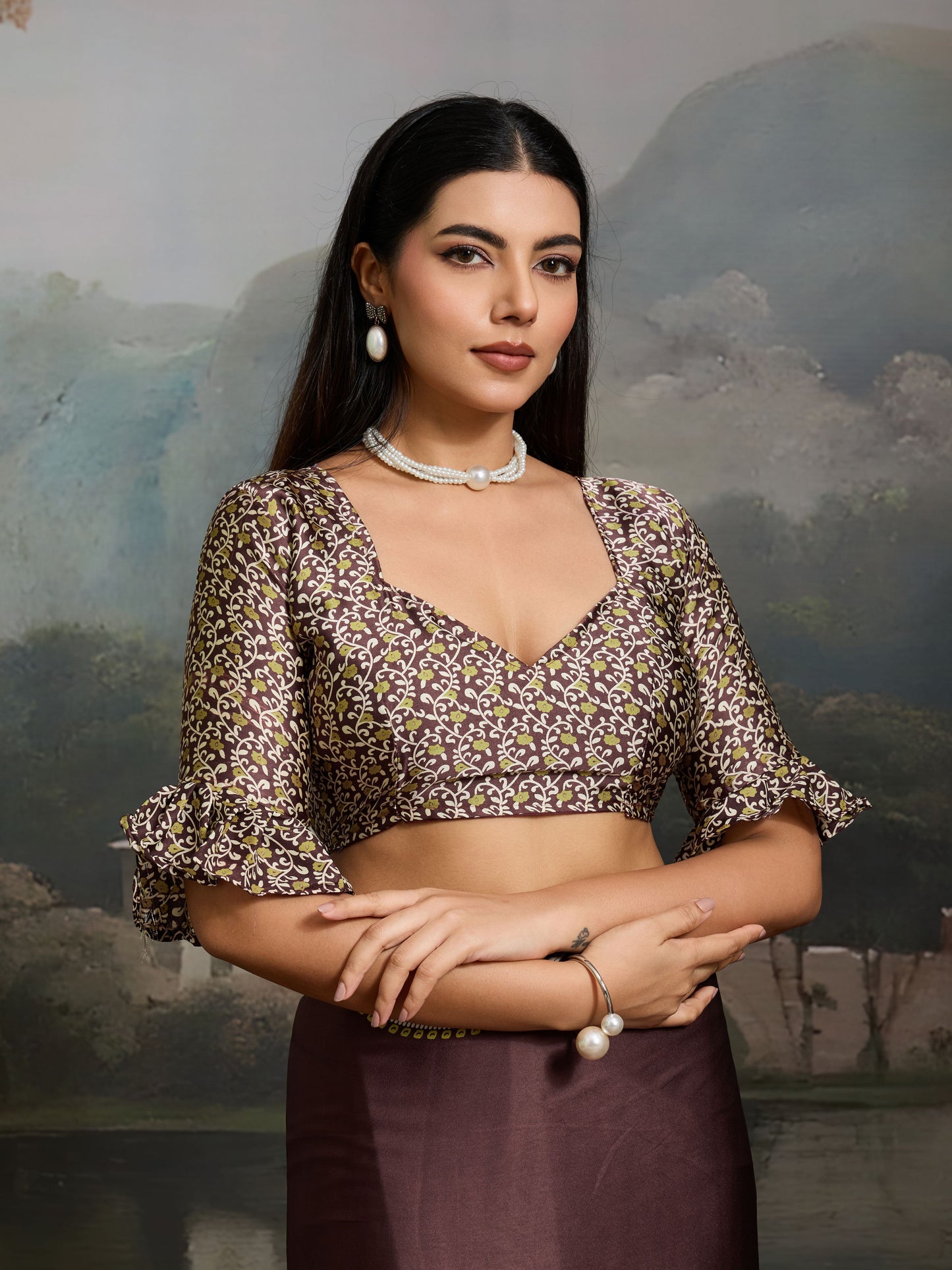 Digital Printed Satin Saree in Brown