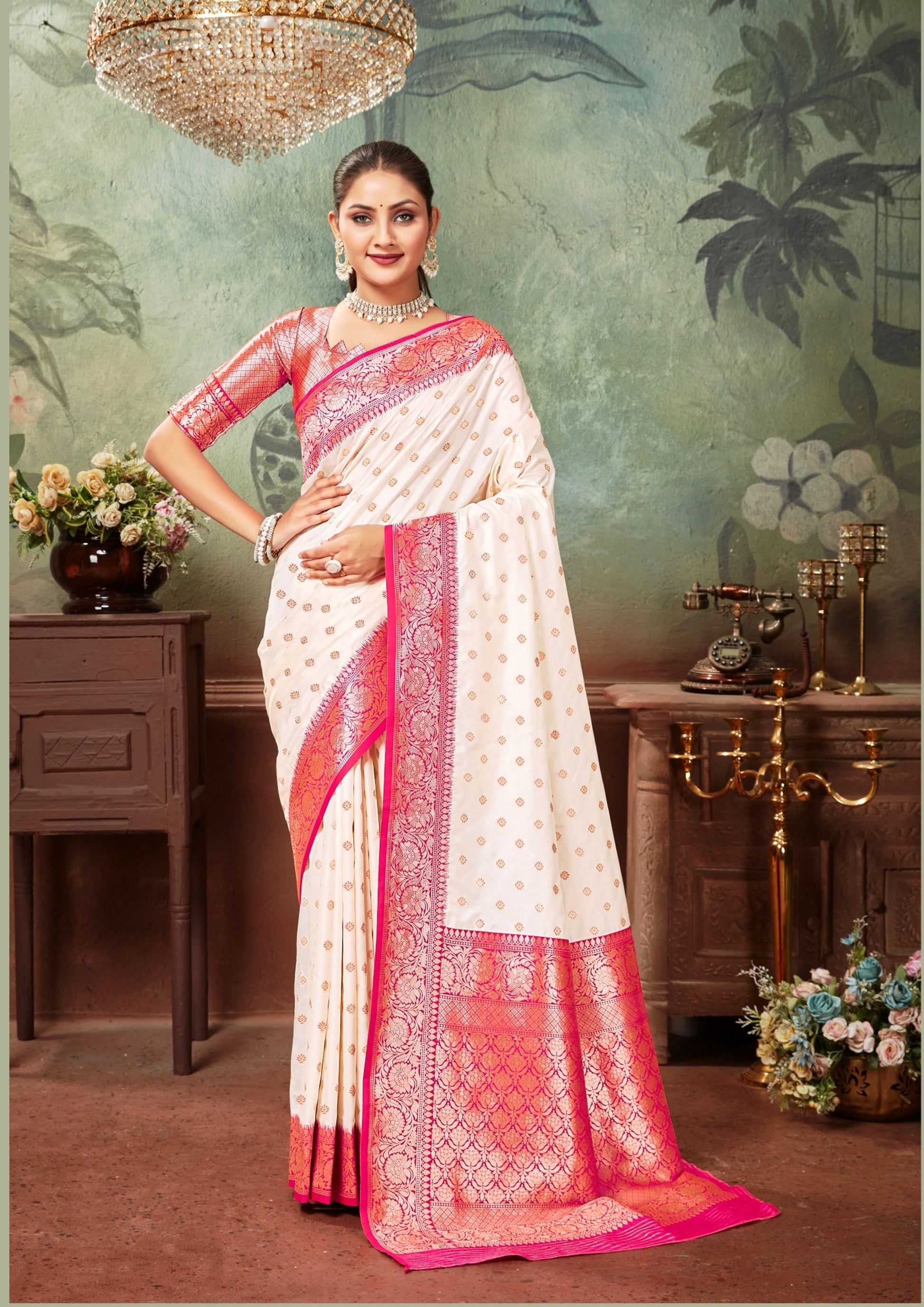 Woven Art Silk Saree in Off White