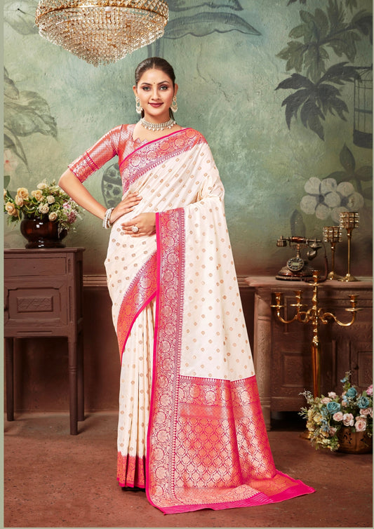 Woven Art Silk Saree in Off White