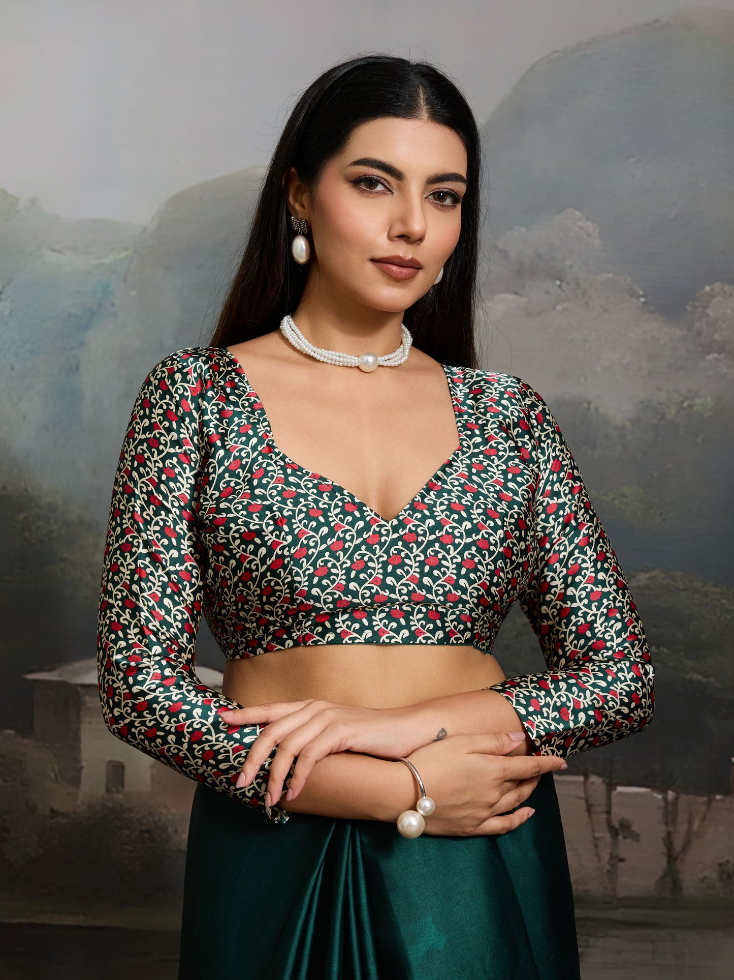 Digital Printed Satin Saree in Dark Green