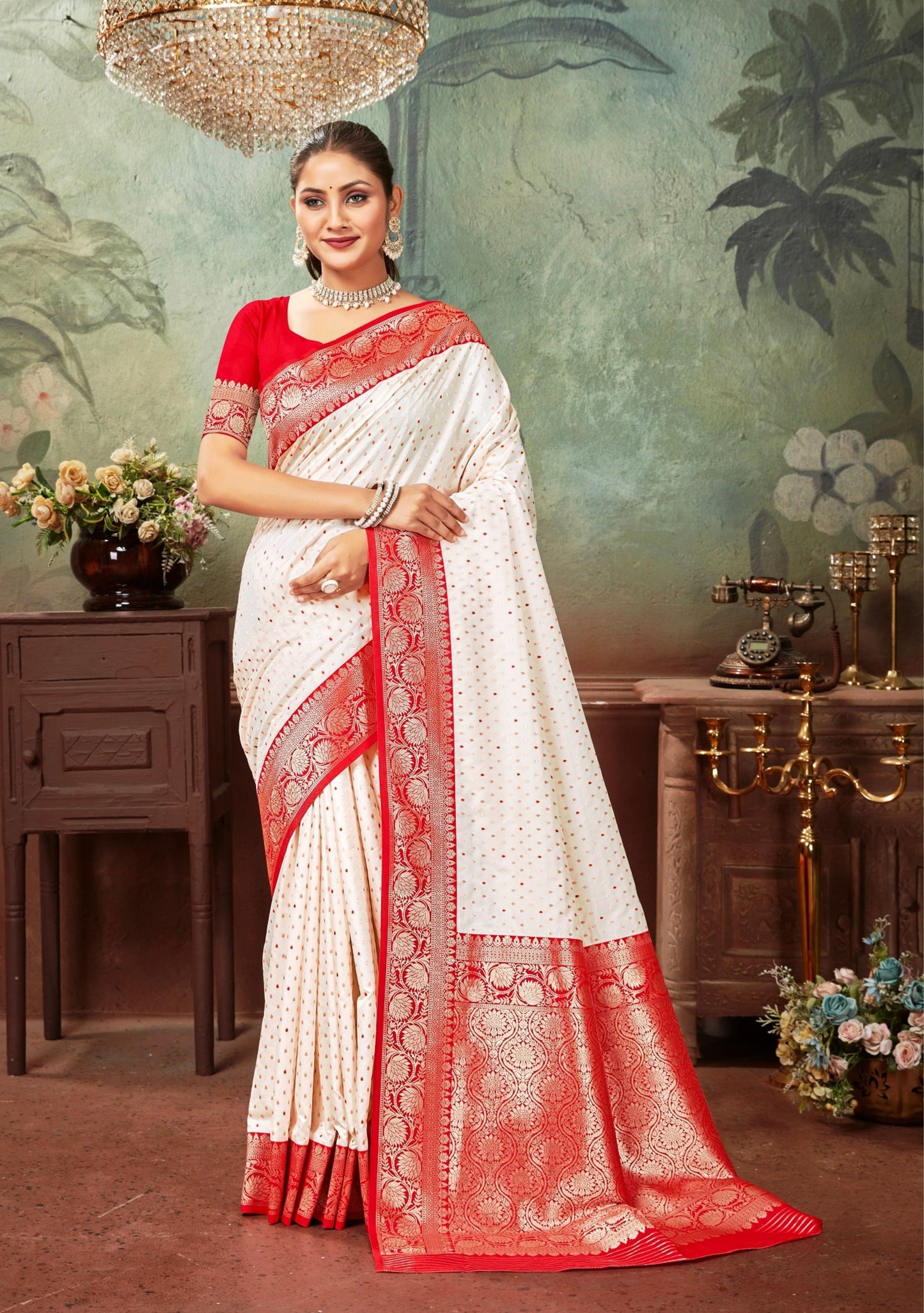 Woven Art Silk Saree in Off White
