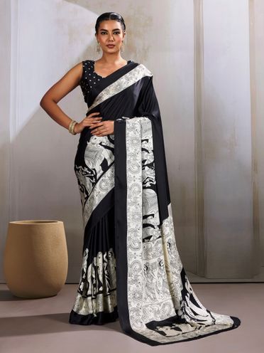 Digital Printed Satin Saree in Black