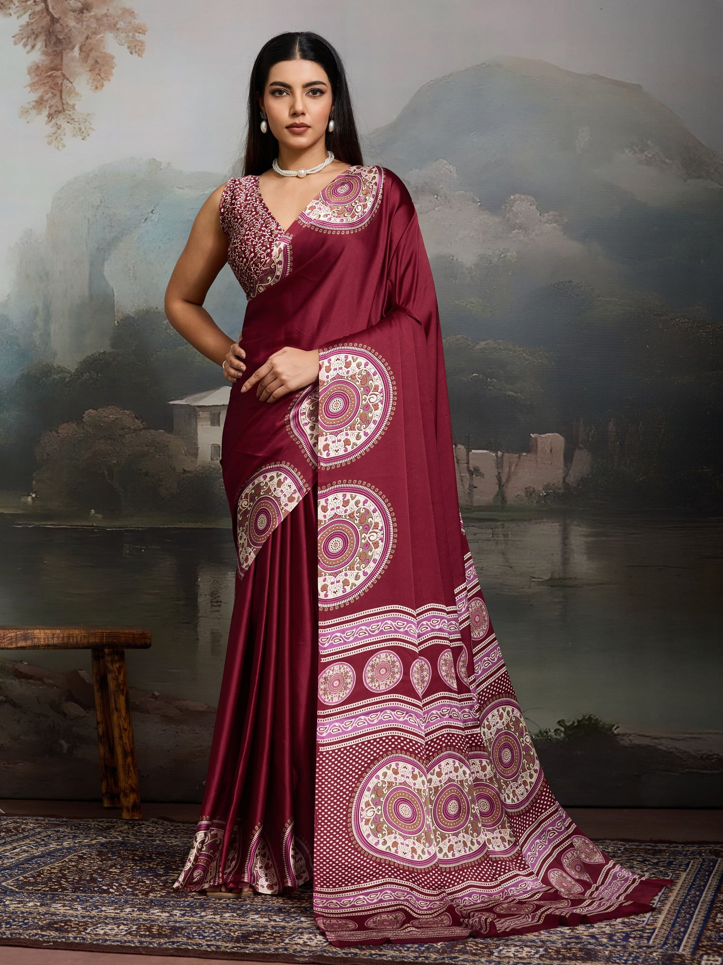 Digital Printed Satin Saree in Maroon