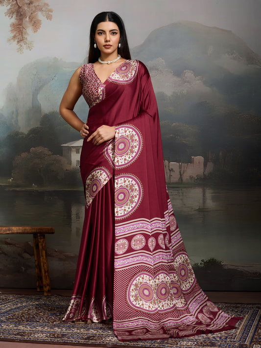 Digital Printed Satin Saree in Maroon