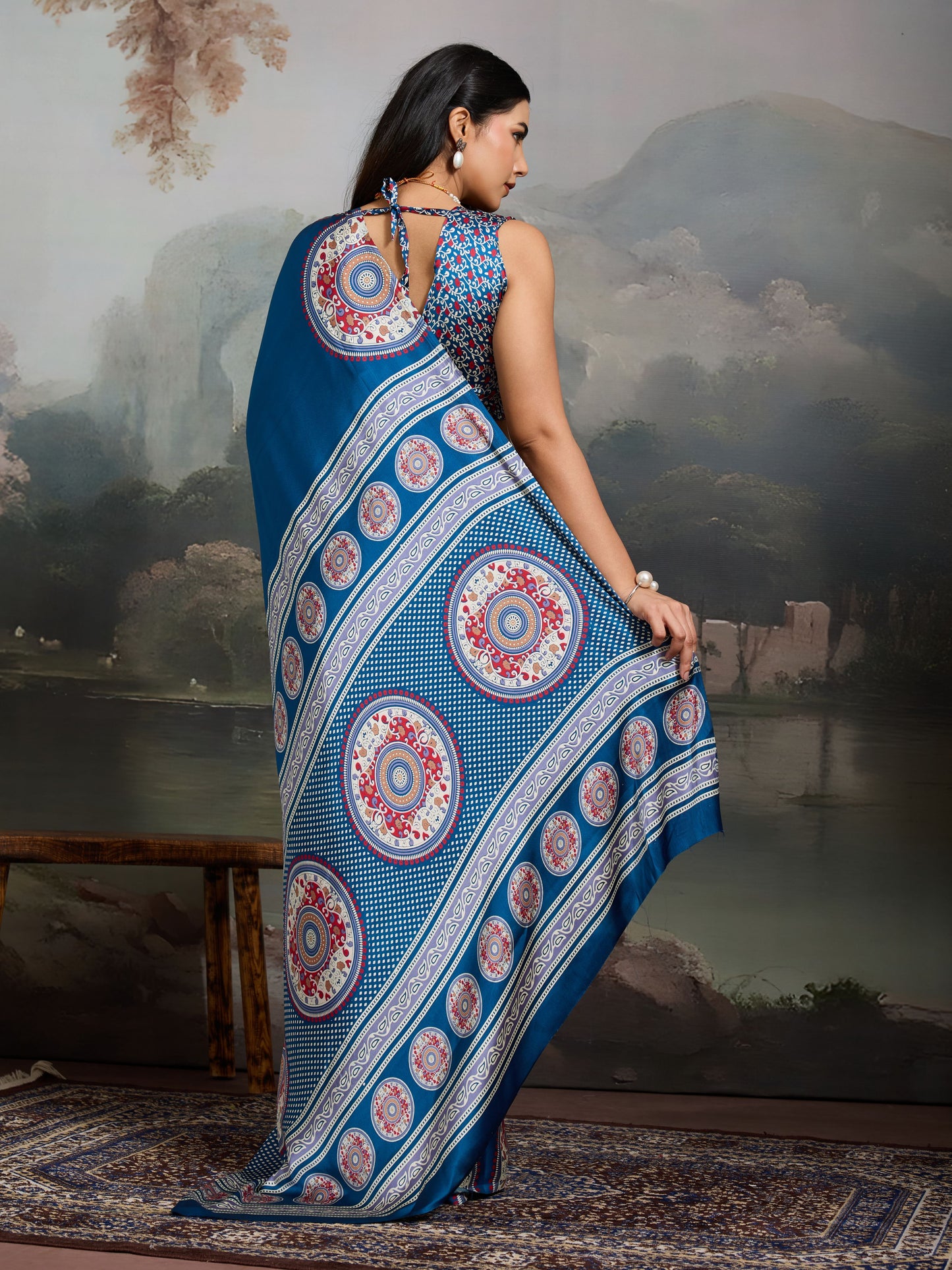 Digital Printed Satin Saree in Blue