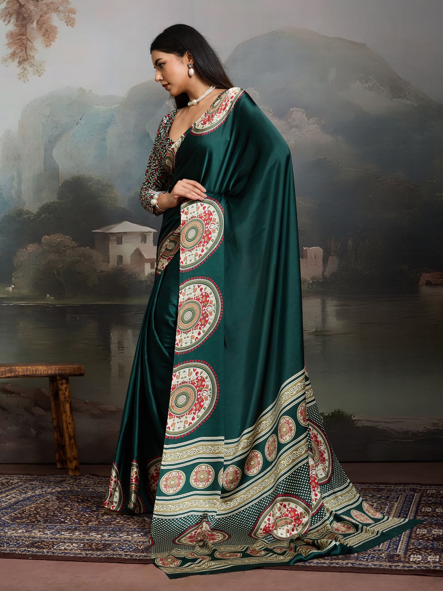 Digital Printed Satin Saree in Dark Green