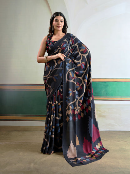 Digital Printed Satin Saree in Black