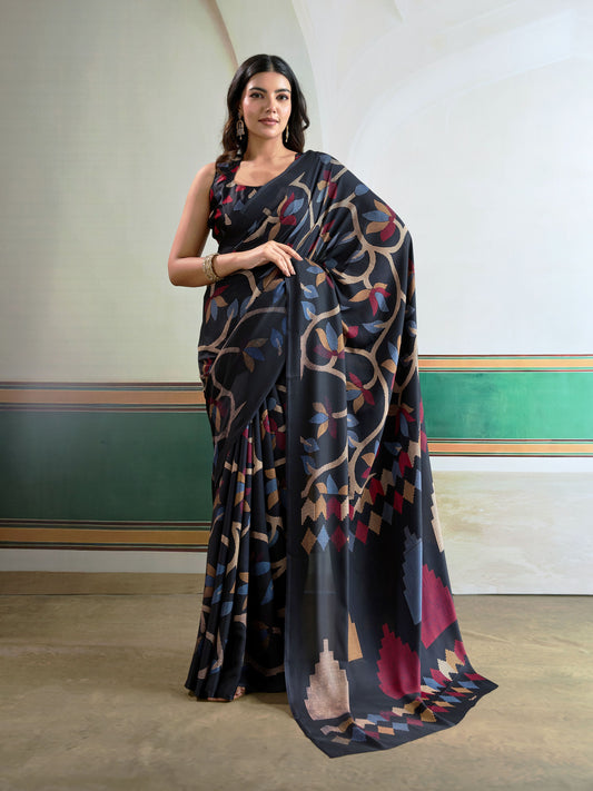 Digital Printed Satin Saree in Black