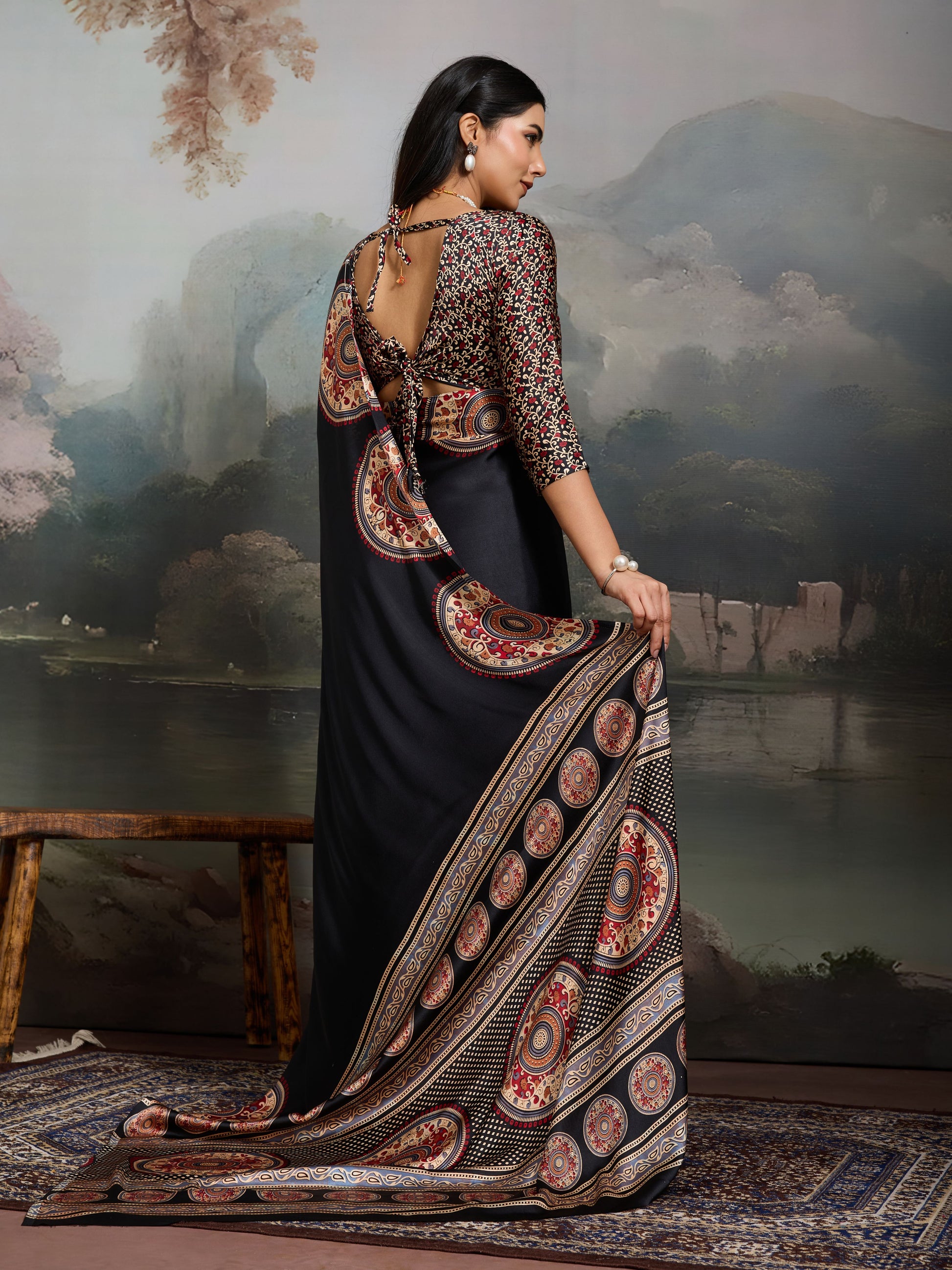 Digital Printed Satin Saree in Maroon