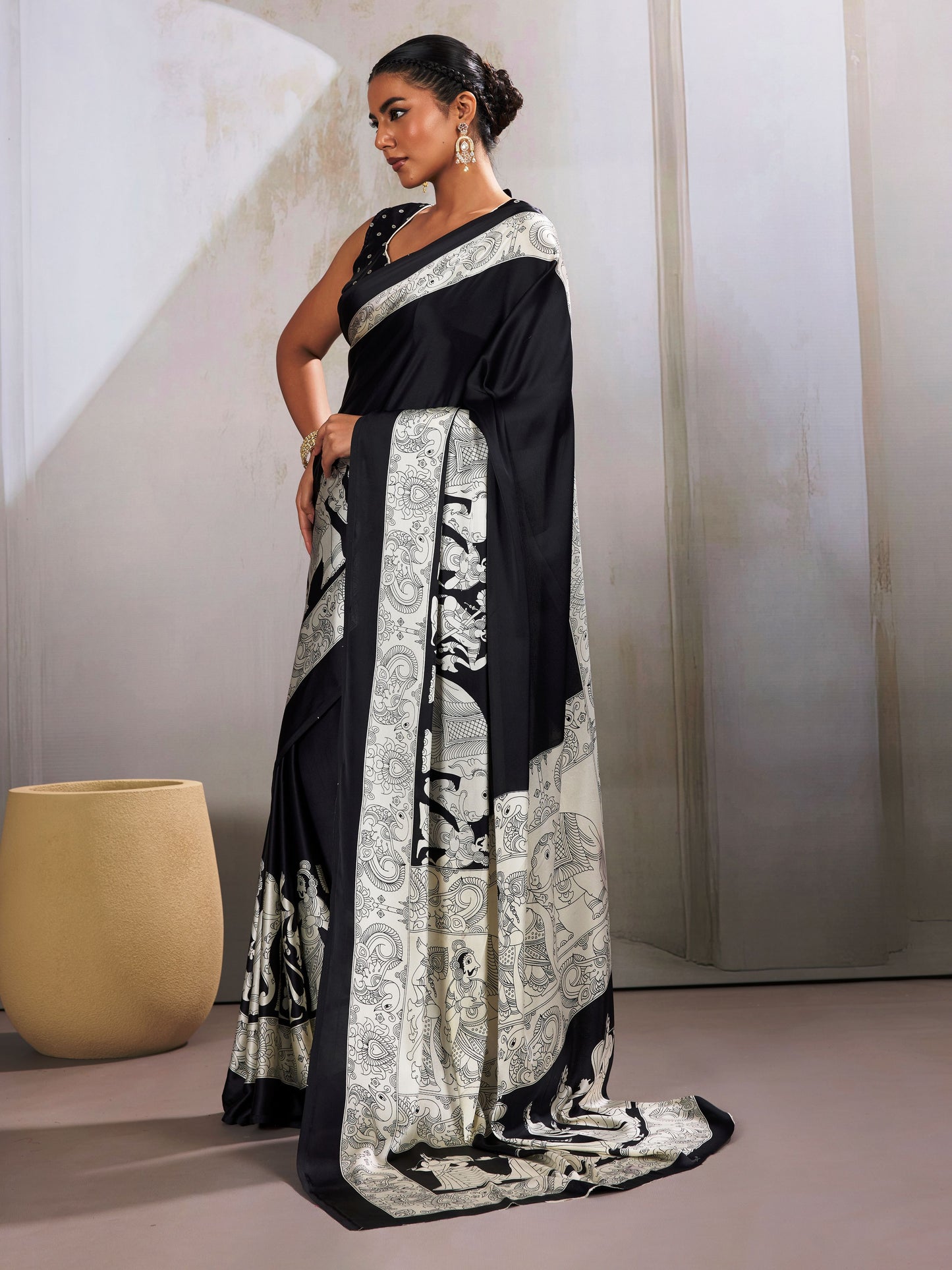 Digital Printed Satin Saree in Black