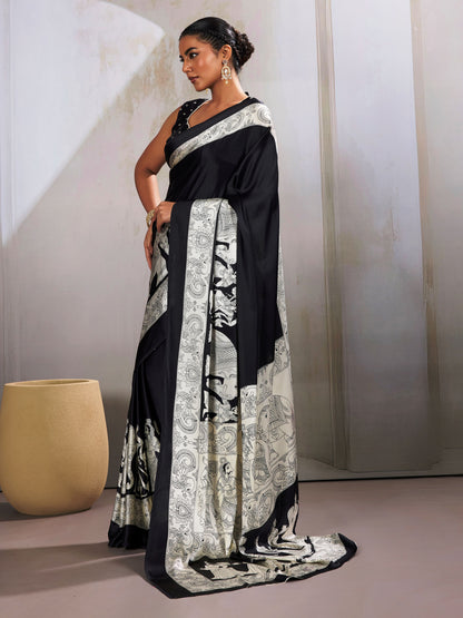 Digital Printed Satin Saree in Black