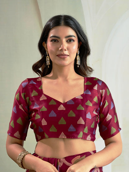 Digital Printed Satin Saree in Maroon