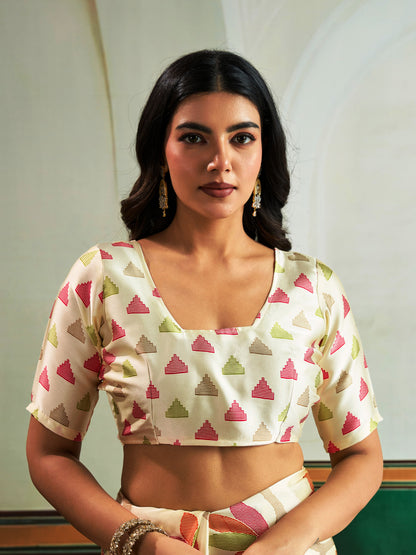 Digital Printed Satin Saree in Biege