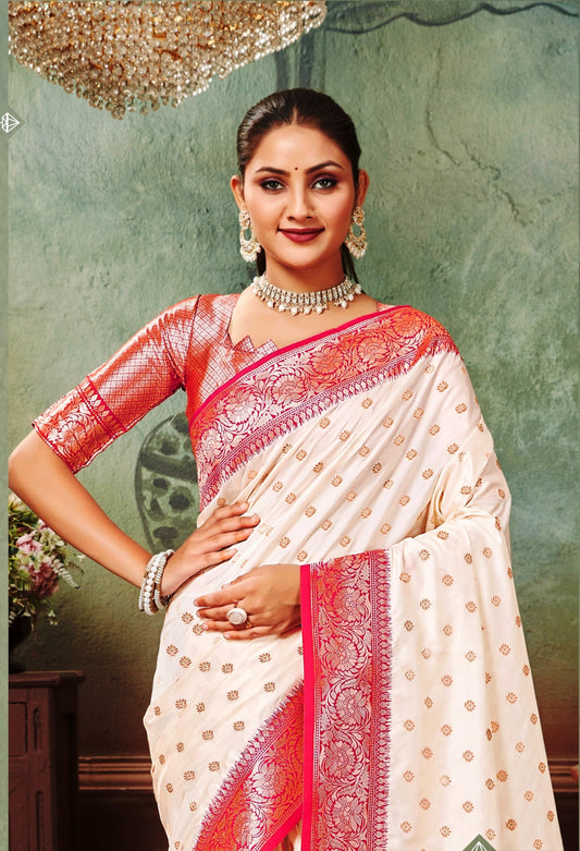 Woven Art Silk Saree in Off White