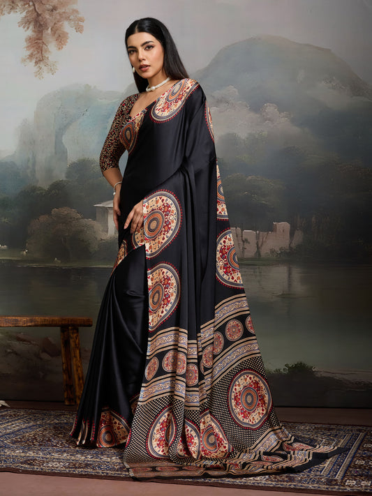 Digital Printed Satin Saree in Black