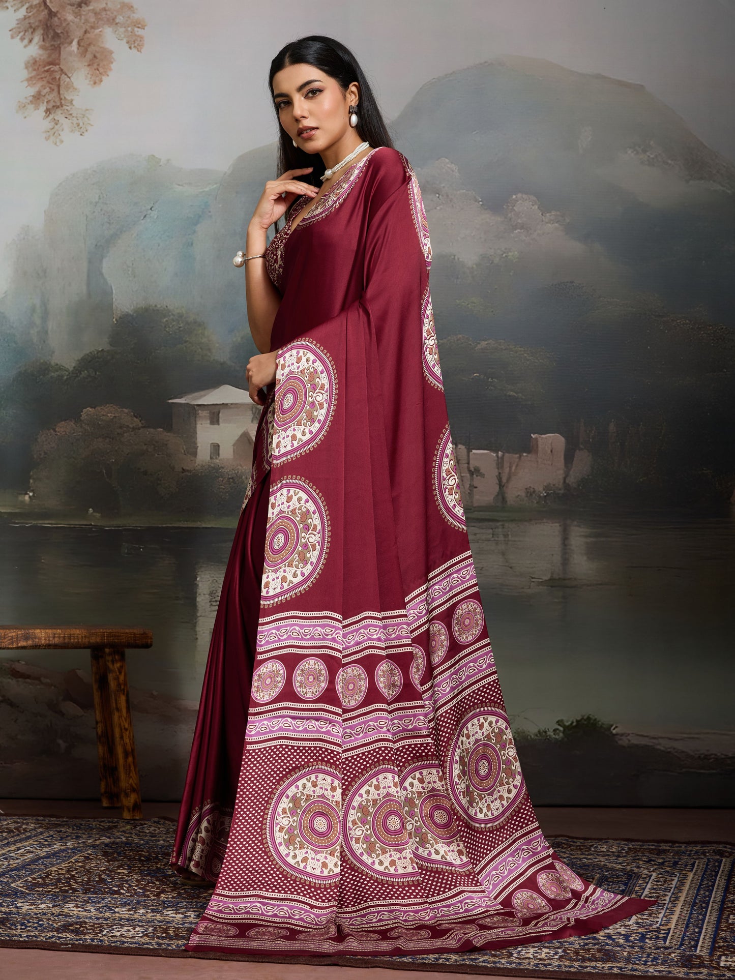Digital Printed Satin Saree in Maroon