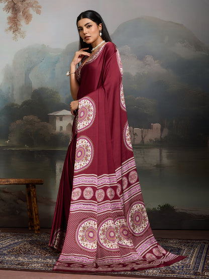 Digital Printed Satin Saree in Maroon
