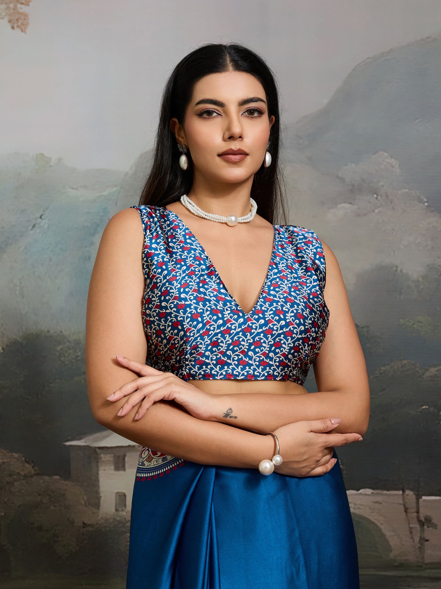 Digital Printed Satin Saree in Blue