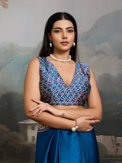 Digital Printed Satin Saree in Blue