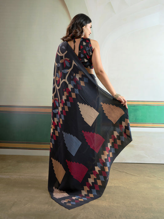 Digital Printed Satin Saree in Black