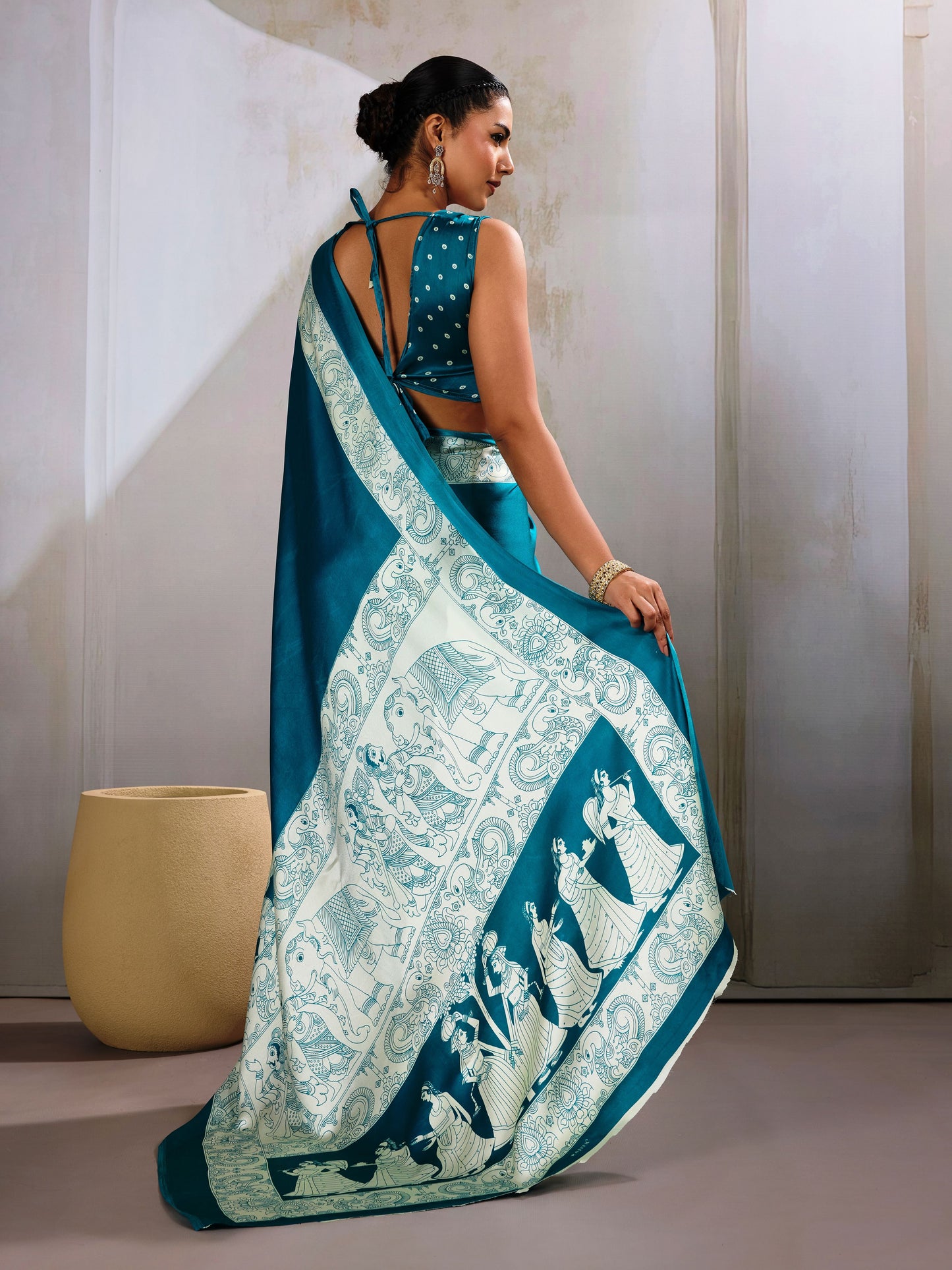 Digital Printed Satin Saree in Teal Blue