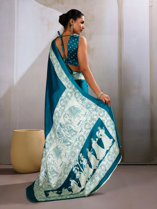 Digital Printed Satin Saree in Teal Blue