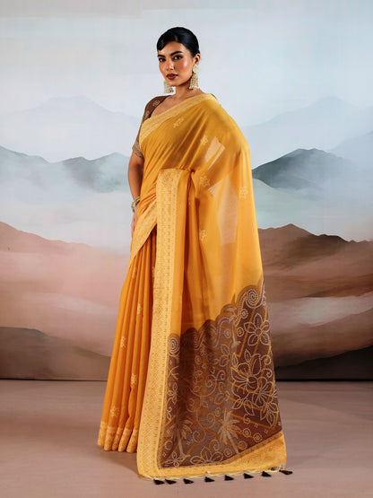 Bandhej Printed Viscose Cotton Saree in Mustard